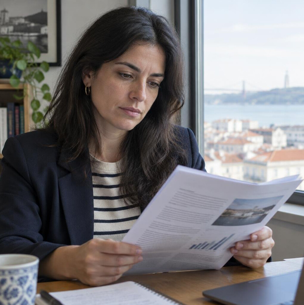 Jovem jornalista portuguesa a ler um documento junto a uma janela